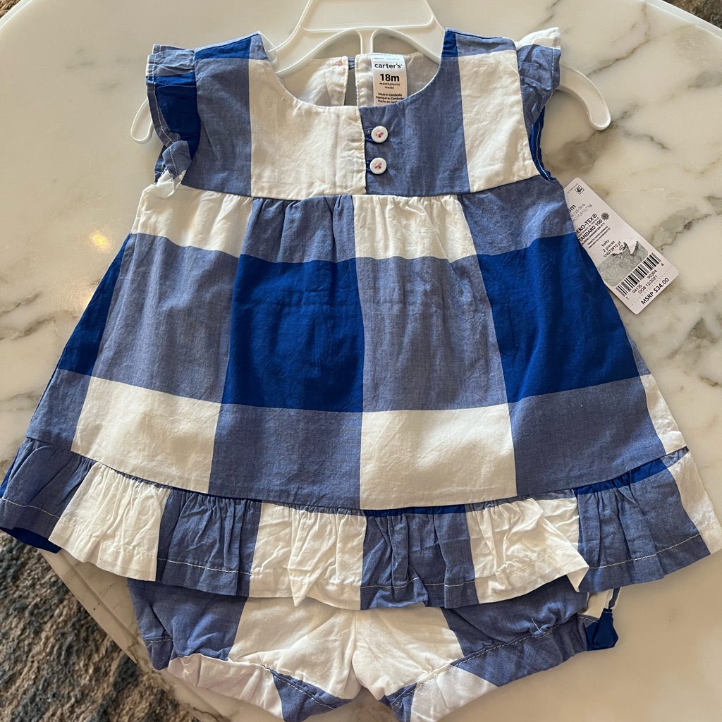 Carters Blue & White Check Gingham Summer Outfit. Size 18 Months. Nwt.